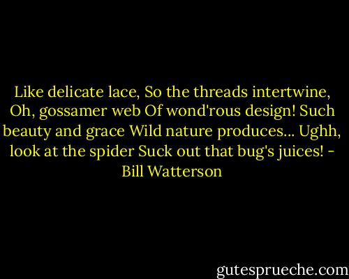 Like delicate lace,<br />So the threads intertwine,<br />Oh, gossamer web<br />Of wond'rous design!<br />Such beauty and grace<br />Wild nature produces...<br />Ughh, look at the spider<br />Suck out that bug's juices! - Bill Watterson