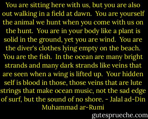 You are sitting here with us,<br />but you are also out walking in a field at dawn.<br /><br />You are yourself the animal we hunt<br />when you come with us on the hunt.<br /><br />You are in your body<br />like a plant is solid in the ground,<br />yet you are wind.<br /><br />You are the diver's clothes<br />lying empty on the beach.<br />You are the fish.<br /><br />In the ocean are many bright strands<br />and many dark strands like veins that are seen<br />when a wing is lifted up.<br /><br />Your hidden self is blood in those,<br />those veins that are lute strings<br />that make ocean music,<br />not the sad edge of surf,<br />but the sound of no shore. - Jalal ad-Din Muhammad ar-Rumi