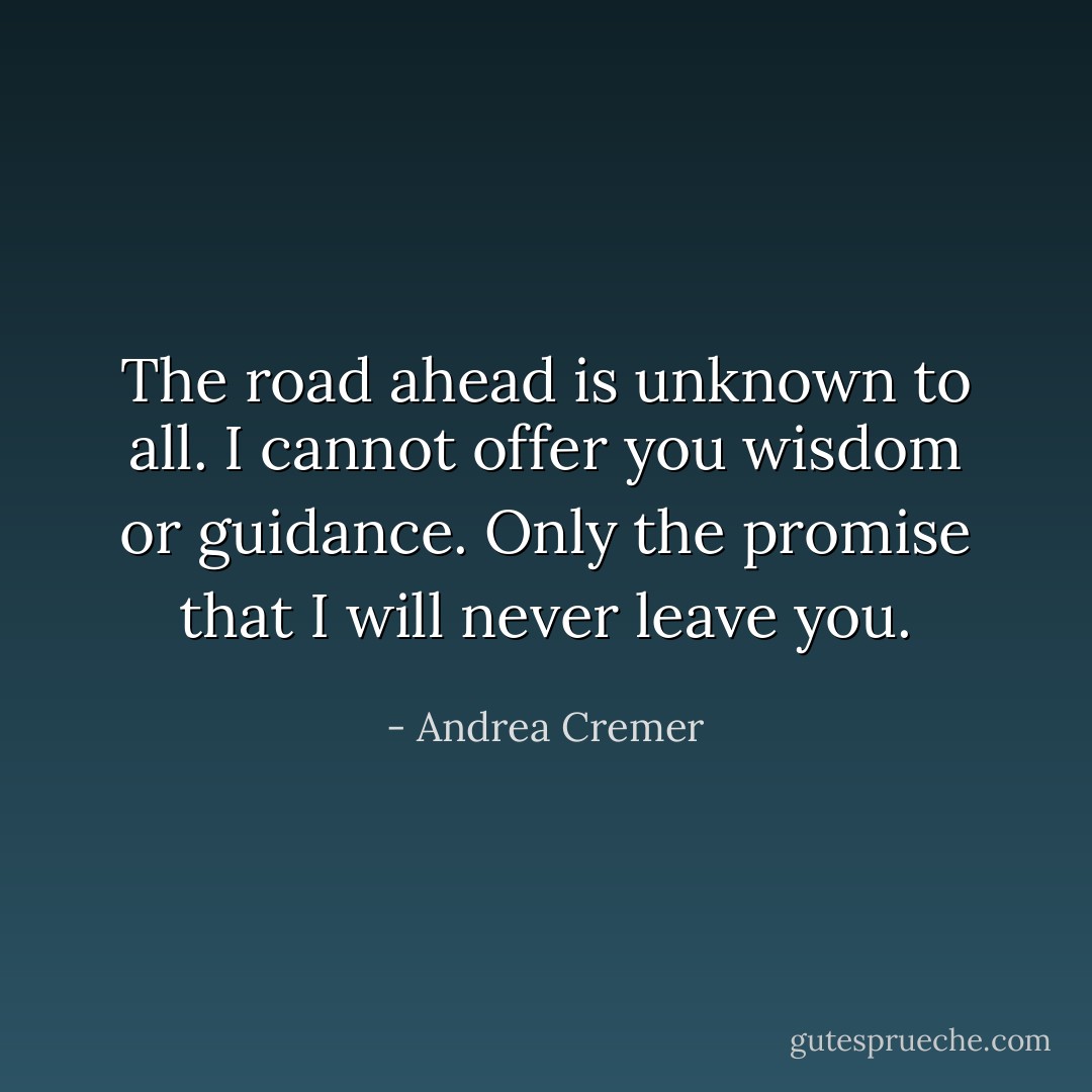 The road ahead is unknown to all. I cannot offer you wisdom or guidance. Only the promise that I will never leave you. - Andrea Cremer