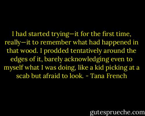 I had started trying—it for the first time, really—it to remember what had happened in that wood. I prodded tentatively around the edges of it, barely acknowledging even to myself what I was doing, like a kid picking at a scab but afraid to look. - Tana French