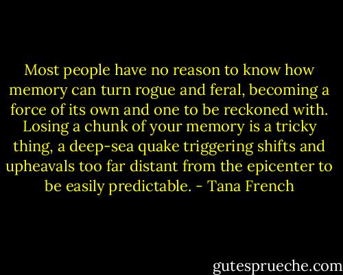 Most people have no reason to know how memory can turn rogue and feral, becoming a force of its own and one to be reckoned with. Losing a chunk of your memory is a tricky thing, a deep-sea quake triggering shifts and upheavals too far distant from the epicenter to be easily predictable. - Tana French