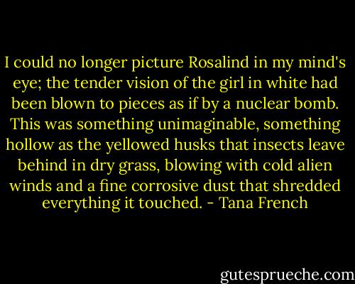 I could no longer picture Rosalind in my mind's eye; the tender vision of the girl in white had been blown to pieces as if by a nuclear bomb. This was something unimaginable, something hollow as the yellowed husks that insects leave behind in dry grass, blowing with cold alien winds and a fine corrosive dust that shredded everything it touched. - Tana French