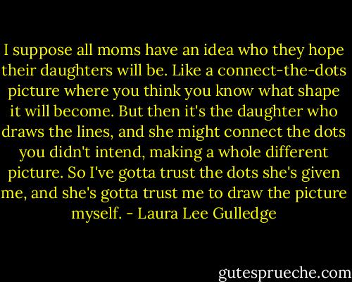 I suppose all moms have an idea who they hope their daughters will be. Like a connect-the-dots picture where you think you know what shape it will become. But then it's the daughter who draws the lines, and she might connect the dots you didn't intend, making a whole different picture. So I've gotta trust the dots she's given me, and she's gotta trust me to draw the picture myself. - Laura Lee Gulledge