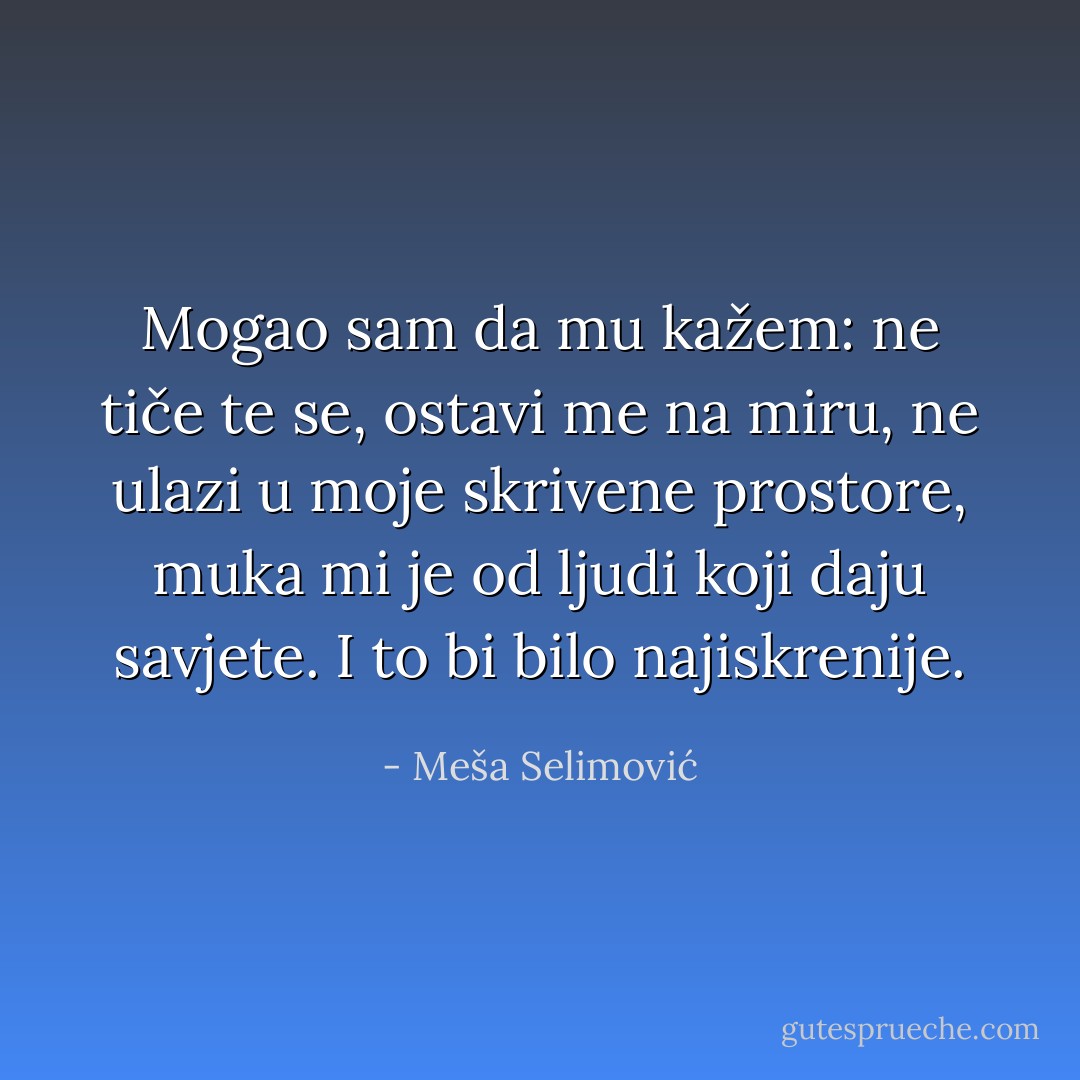 Mogao sam da mu kažem: ne tiče te se, ostavi me na miru, ne ulazi u moje skrivene prostore, muka mi je od ljudi koji daju savjete. I to bi bilo najiskrenije. - Meša Selimović