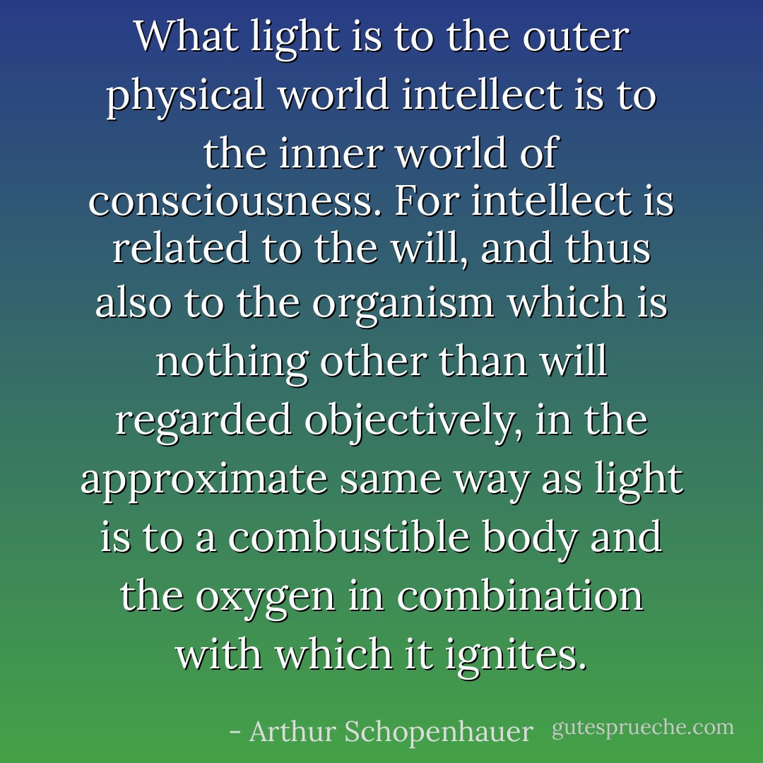 What light is to the outer physical world intellect is to the inner world of consciousness. For intellect is related to the will, and thus also to the organism which is nothing other than will regarded objectively, in the approximate same way as light is to a combustible body and the oxygen in combination with which it ignites. - Arthur Schopenhauer
