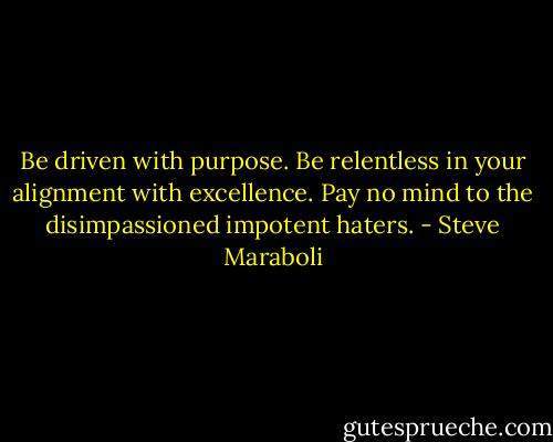 Be driven with purpose. Be relentless in your alignment with excellence. Pay no mind to the disimpassioned impotent haters. - Steve Maraboli