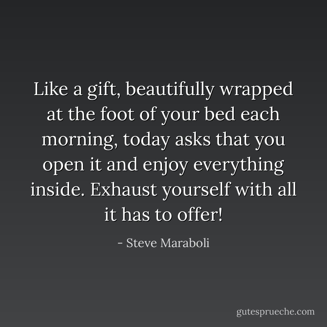 Like a gift, beautifully wrapped at the foot of your bed each morning, today asks that you open it and enjoy everything inside. Exhaust yourself with all it has to offer! - Steve Maraboli
