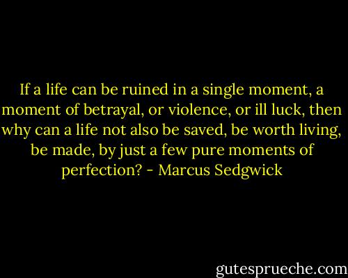 If a life can be ruined in a single moment, a moment of betrayal, or violence, or ill luck, then why can a life not also be saved, be worth living, be made, by just a few pure moments of perfection? - Marcus Sedgwick