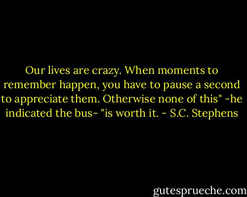 Our lives are crazy. When moments to remember happen, you have to pause a second to appreciate them. Otherwise none of this" -he indicated the bus- "is worth it. - S.C. Stephens