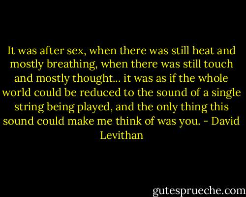 It was after sex, when there was still heat and mostly breathing, when there was still touch and mostly thought... it was as if the whole world could be reduced to the sound of a single string being played, and the only thing this sound could make me think of was you. - David Levithan