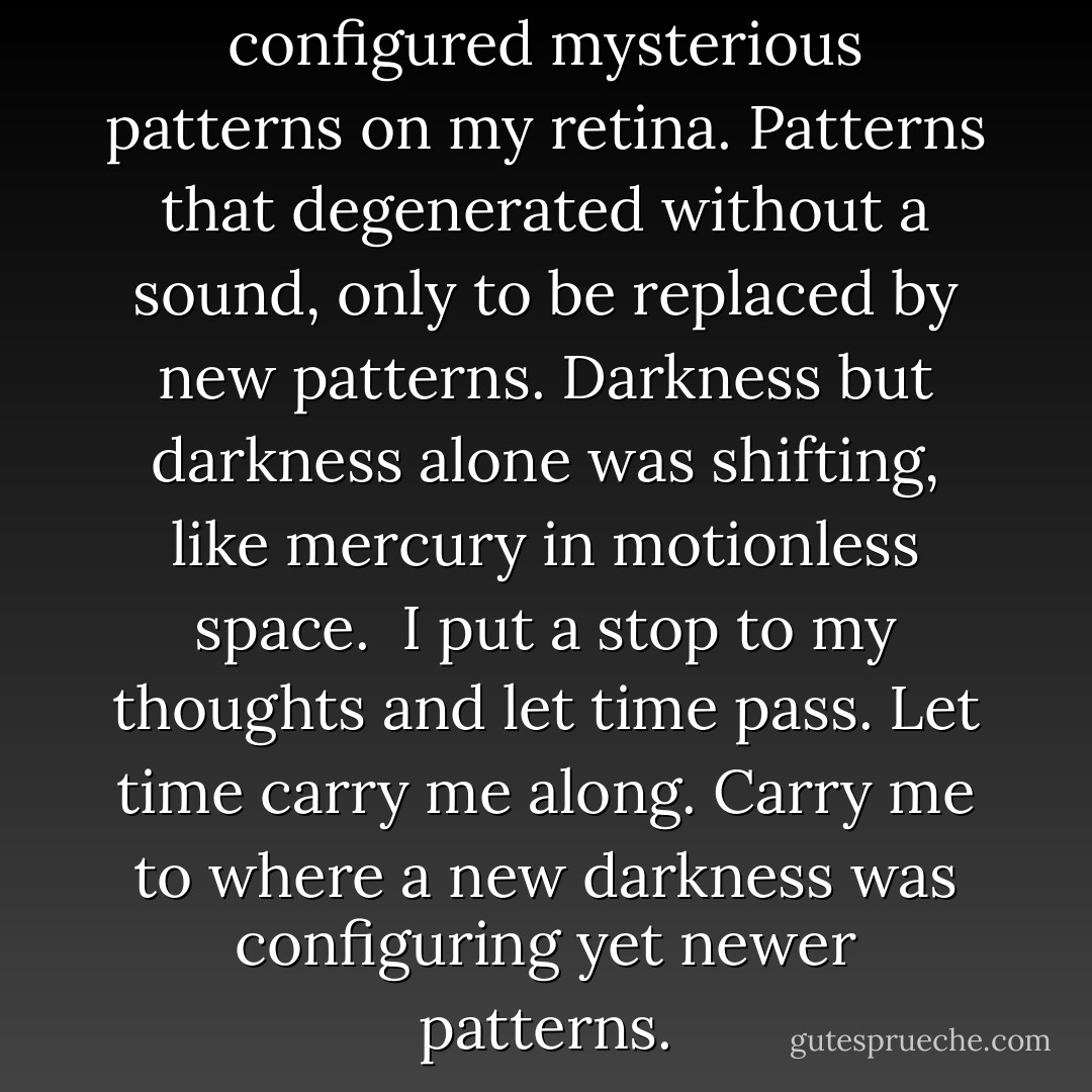 Time. Particles of darkness configured mysterious patterns on my retina. Patterns that degenerated without a sound, only to be replaced by new patterns. Darkness but darkness alone was shifting, like mercury in motionless space. <br />I put a stop to my thoughts and let time pass. Let time carry me along. Carry me to where a new darkness was configuring yet newer patterns. - Haruki Murakami