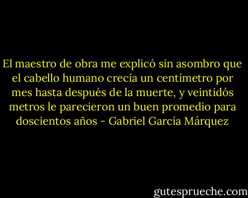 El maestro de obra me explicó sin asombro que el cabello humano crecía un centímetro por mes hasta después de la muerte, y veintidós metros le parecieron un buen promedio para doscientos años - Gabriel García Márquez
