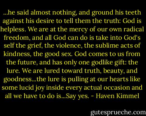 ...he said almost nothing, and ground his teeth against his desire to tell them the truth: God is helpless. We are at the mercy of our own radical freedom, and all God can do is take into God's self the grief, the violence, the sublime acts of kindness, the good sex. God comes to us from the future, and has only one godlike gift: the lure. We are lured toward truth, beauty, and goodness...the lure is pulling at our hearts like some lucid joy inside every actual occasion and all we have to do is...Say yes. - Haven Kimmel