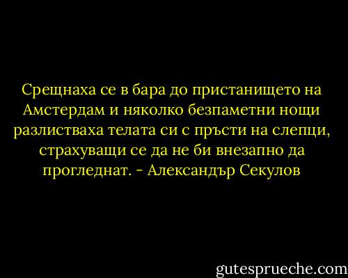 Срещнаха се в бара до пристанището на Амстердам и няколко безпаметни нощи разлистваха телата си с пръсти на слепци, страхуващи се да не би внезапно да прогледнат. - Александър Секулов