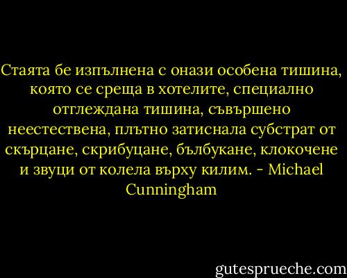 Стаята бе изпълнена с онази особена тишина, която се среща в хотелите, специално отглеждана тишина, съвършено неестествена, плътно затиснала субстрат от скърцане, скрибуцане, бълбукане, клокочене и звуци от колела върху килим. - Michael Cunningham