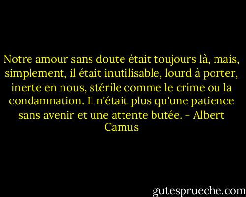 Notre amour sans doute était toujours là, mais, simplement, il était inutilisable, lourd à porter, inerte en nous, stérile comme le crime ou la condamnation. Il n'était plus qu'une patience sans avenir et une attente butée. - Albert Camus