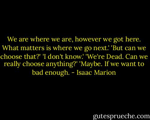 We are where we are, however we got here. What matters is where we go next.'<br />'But can we choose that?'<br />'I don't know.'<br />'We're Dead. Can we really choose anything?'<br />'Maybe. If we want to bad enough. - Isaac Marion