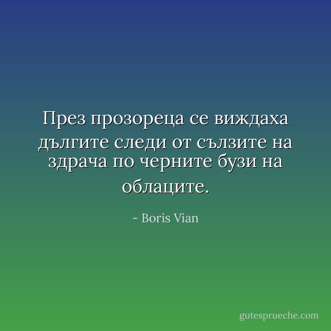 През прозореца се виждаха дългите следи от сълзите на здрача по черните бузи на облаците. - Boris Vian