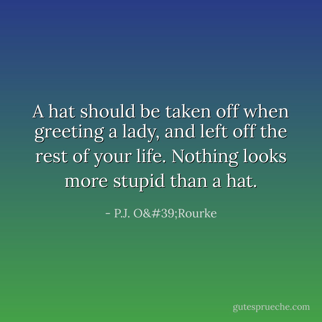 A hat should be taken off when greeting a lady, and left off the rest of your life. Nothing looks more stupid than a hat. - P.J. O'Rourke