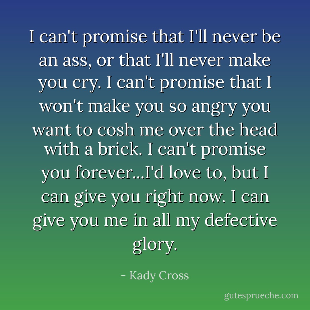 I can't promise that I'll never be an ass, or that I'll never make you cry. I can't promise that I won't make you so angry you want to cosh me over the head with a brick. I can't promise you forever...I'd love to, but I can give you right now. I can give you me in all my defective glory. - Kady Cross