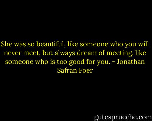 She was so beautiful, like someone who you will never meet, but always dream of meeting, like someone who is too good for you. - Jonathan Safran Foer