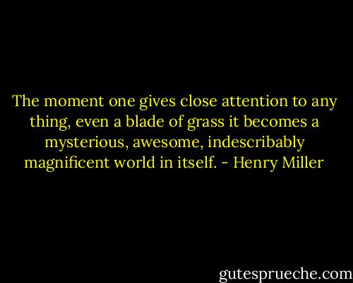 The moment one gives close attention to any thing, even a blade of grass it becomes a mysterious, awesome, indescribably magnificent world in itself. - Henry Miller
