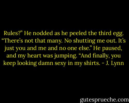 Rules?”<br />He nodded as he peeled the third egg. “There’s not that many. No shutting me out. It’s just you and me and no one else.” He paused, and my<br />heart was jumping. “And finally, you keep looking damn sexy in my shirts. - J. Lynn