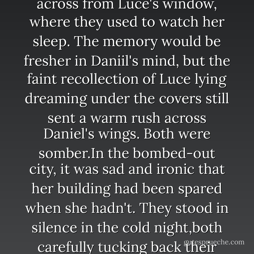 Wordlessly they settled on a third-story ledge near Patriarch's Pond, of the roof across from Luce's window, where they used to watch her sleep. The memory would be fresher in Daniil's mind, but the faint recollection of Luce lying dreaming under the covers still sent a warm rush across Daniel's wings.<br />Both were somber.In the bombed-out city, it was sad and ironic that her building had been spared when she hadn't. They stood in silence in the cold night,both carefully tucking back their wings so that they wouldn't accidentially touch. - Lauren Kate