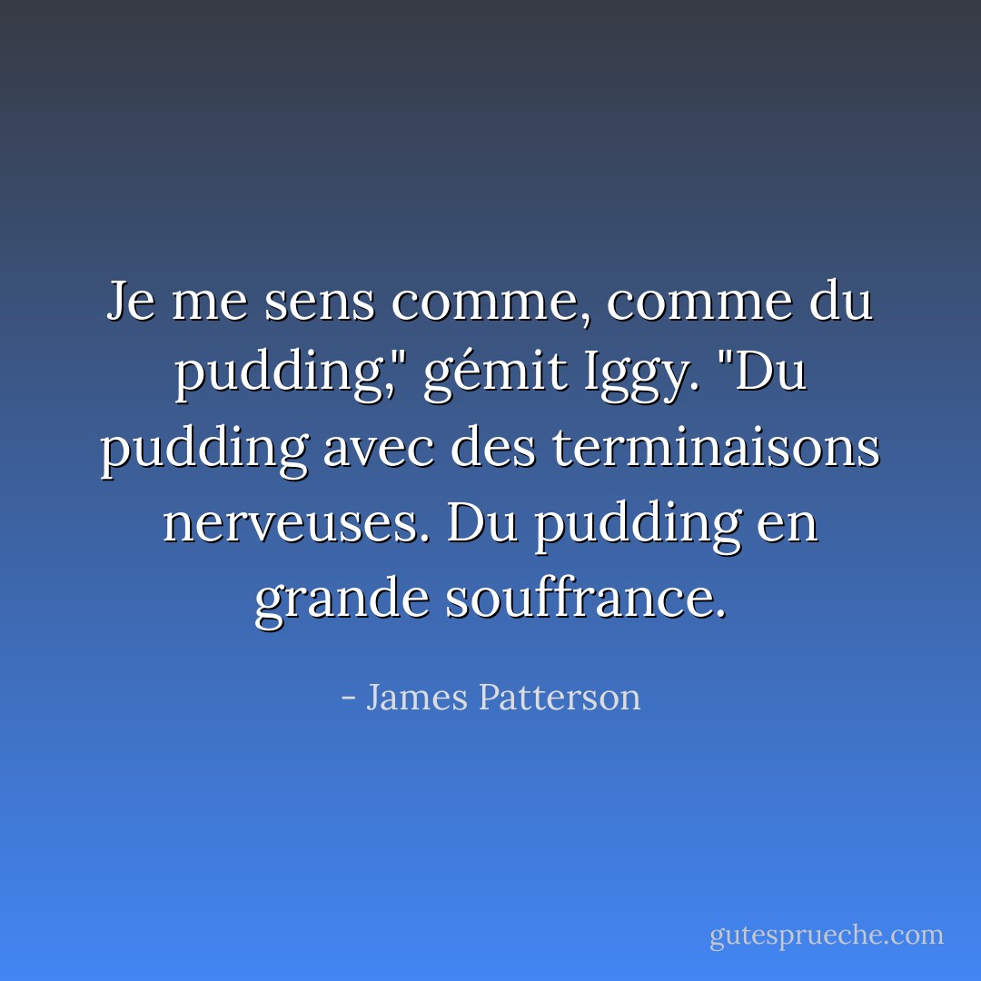 Je me sens comme, comme du pudding," gémit Iggy. "Du pudding avec des terminaisons nerveuses. Du pudding en grande souffrance. - James Patterson