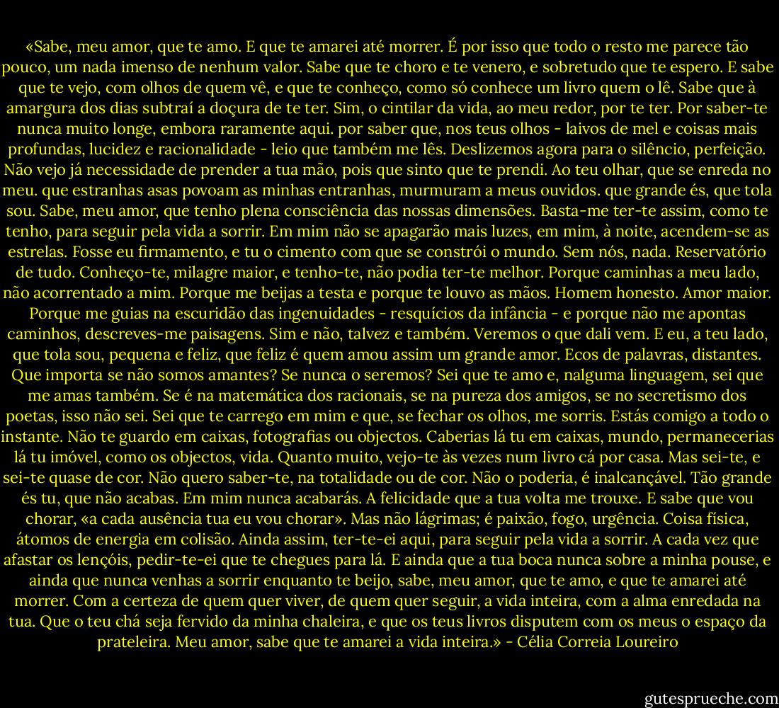 «Sabe, meu amor, que te amo. E que te amarei até morrer. É por isso que todo o resto me parece tão pouco, um nada imenso de nenhum valor. Sabe que te choro e te venero, e sobretudo que te espero. E sabe que te vejo, com olhos de quem vê, e que te conheço, como só conhece um livro quem o lê. Sabe que à amargura dos dias subtraí a doçura de te ter. Sim, o cintilar da vida, ao meu redor, por te ter. Por saber-te nunca muito longe, embora raramente aqui. por saber que, nos teus olhos - laivos de mel e coisas mais profundas, lucidez e racionalidade - leio que também me lês. Deslizemos agora para o silêncio, perfeição. Não vejo já necessidade de prender a tua mão, pois que sinto que te prendi. Ao teu olhar, que se enreda no meu. que estranhas asas povoam as minhas entranhas, murmuram a meus ouvidos. que grande és, que tola sou. Sabe, meu amor, que tenho plena consciência das nossas dimensões. Basta-me ter-te assim, como te tenho, para seguir pela vida a sorrir. Em mim não se apagarão mais luzes, em mim, à noite, acendem-se as estrelas. Fosse eu firmamento, e tu o cimento com que se constrói o mundo. Sem nós, nada. Reservatório de tudo. Conheço-te, milagre maior, e tenho-te, não podia ter-te melhor. Porque caminhas a meu lado, não acorrentado a mim. Porque me beijas a testa e porque te louvo as mãos. Homem honesto. Amor maior. Porque me guias na escuridão das ingenuidades - resquícios da infância - e porque não me apontas caminhos, descreves-me paisagens. Sim e não, talvez e também. Veremos o que dali vem. E eu, a teu lado, que tola sou, pequena e feliz, que feliz é quem amou assim um grande amor. Ecos de palavras, distantes. Que importa se não somos amantes? Se nunca o seremos? Sei que te amo e, nalguma linguagem, sei que me amas também. Se é na matemática dos racionais, se na pureza dos amigos, se no secretismo dos poetas, isso não sei. Sei que te carrego em mim e que, se fechar os olhos, me sorris. Estás comigo a todo o instante. Não te guardo em caixas, fotografias ou objectos. Caberias lá tu em caixas, mundo, permanecerias lá tu imóvel, como os objectos, vida. Quanto muito, vejo-te às vezes num livro cá por casa. Mas sei-te, e sei-te quase de cor. Não quero saber-te, na totalidade ou de cor. Não o poderia, é inalcançável. Tão grande és tu, que não acabas. Em mim nunca acabarás. A felicidade que a tua volta me trouxe. E sabe que vou chorar, «a cada ausência tua eu vou chorar». Mas não lágrimas; é paixão, fogo, urgência. Coisa física, átomos de energia em colisão. Ainda assim, ter-te-ei aqui, para seguir pela vida a sorrir. A cada vez que afastar os lençóis, pedir-te-ei que te chegues para lá. E ainda que a tua boca nunca sobre a minha pouse, e ainda que nunca venhas a sorrir enquanto te beijo, sabe, meu amor, que te amo, e que te amarei até morrer. Com a certeza de quem quer viver, de quem quer seguir, a vida inteira, com a alma enredada na tua. Que o teu chá seja fervido da minha chaleira, e que os teus livros disputem com os meus o espaço da prateleira. Meu amor, sabe que te amarei a vida inteira.» - Célia Correia Loureiro