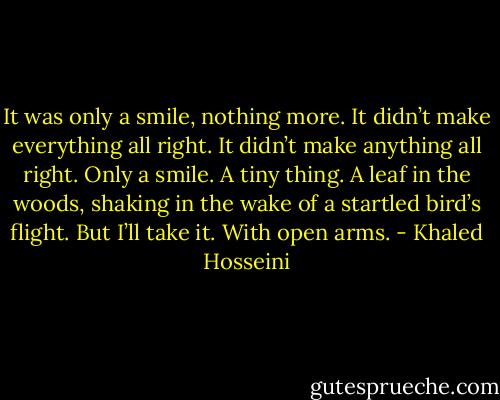 It was only a smile, nothing more. It didn’t make everything all right. It didn’t make anything all right. Only a smile. A tiny thing. A leaf in the woods, shaking in the wake of a startled bird’s flight. But I’ll take it. With open arms. - Khaled Hosseini