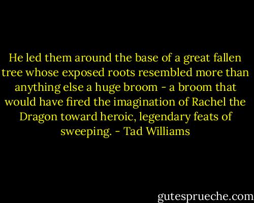 He led them around the base of a great fallen tree whose exposed roots resembled more than anything else a huge broom - a broom that would have fired the imagination of Rachel the Dragon toward heroic, legendary feats of sweeping. - Tad Williams