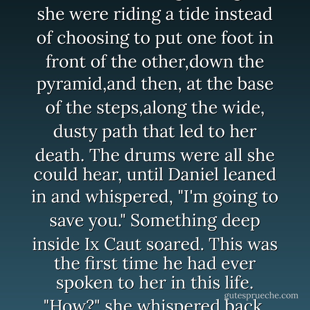 Daniel came up and walked beside her, and the other victor walked beside Ghanan.<br />For the briefest instant,Daniel's fingertips grazed her bound wrists. Ix Caut tingled at the touch.<br />Just outside the temple door,the four drummers were waiting on the ledge. They fell in line behind the processional and, as the party descended the pyramid's steep steps, played the same hectic beats Luce had heard when she'd first arrived in this life. Luce focused on walking,feeling as if she were riding a tide instead of choosing to put one foot in front of the other,down the pyramid,and then, at the base of the steps,along the wide, dusty path that led to her death.<br />The drums were all she could hear, until Daniel leaned in and whispered, "I'm going to save you."<br />Something deep inside Ix Caut soared. This was the first time he had ever spoken to her in this life.<br />"How?" she whispered back, leaning toward him,aching for him to free her and fly her far,far away.<br />"Don't worry." His fingertips found hers again,brushing them softly. "I promise,I'll take care of you."<br />Tears stung her eyes.The ground was still searing the soles of her feet,and she was still marching to the place where Ix Caut was supposed to die, but for the first time since arriving in this life,Luce was not afraid. - Lauren Kate