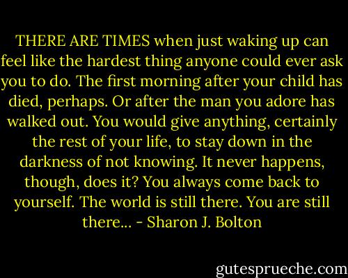THERE ARE TIMES when just waking up can feel like the hardest thing anyone could ever ask you to do. The first morning after your child has died, perhaps. Or after the man you adore has walked out. You would give anything, certainly the rest of your life, to stay down in the darkness of not knowing.<br />It never happens, though, does it? You always come back to yourself. The world is still there. You are still there... - Sharon J. Bolton