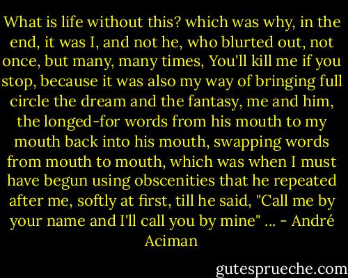 What is life without this? which was why, in the end, it was I, and not he, who blurted out, not once, but many, many times, You'll kill me if you stop, because it was also my way of bringing full circle the dream and the fantasy, me and him, the longed-for words from his mouth to my mouth back into his mouth, swapping words from mouth to mouth, which was when I must have begun using obscenities that he repeated after me, softly at first, till he said, "Call me by your name and I'll call you by mine" ... - André Aciman