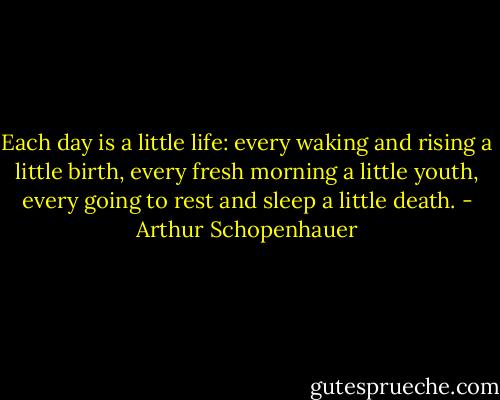 Each day is a little life: every waking and rising a little birth, every fresh morning a little youth, every going to rest and sleep a little death. - Arthur Schopenhauer