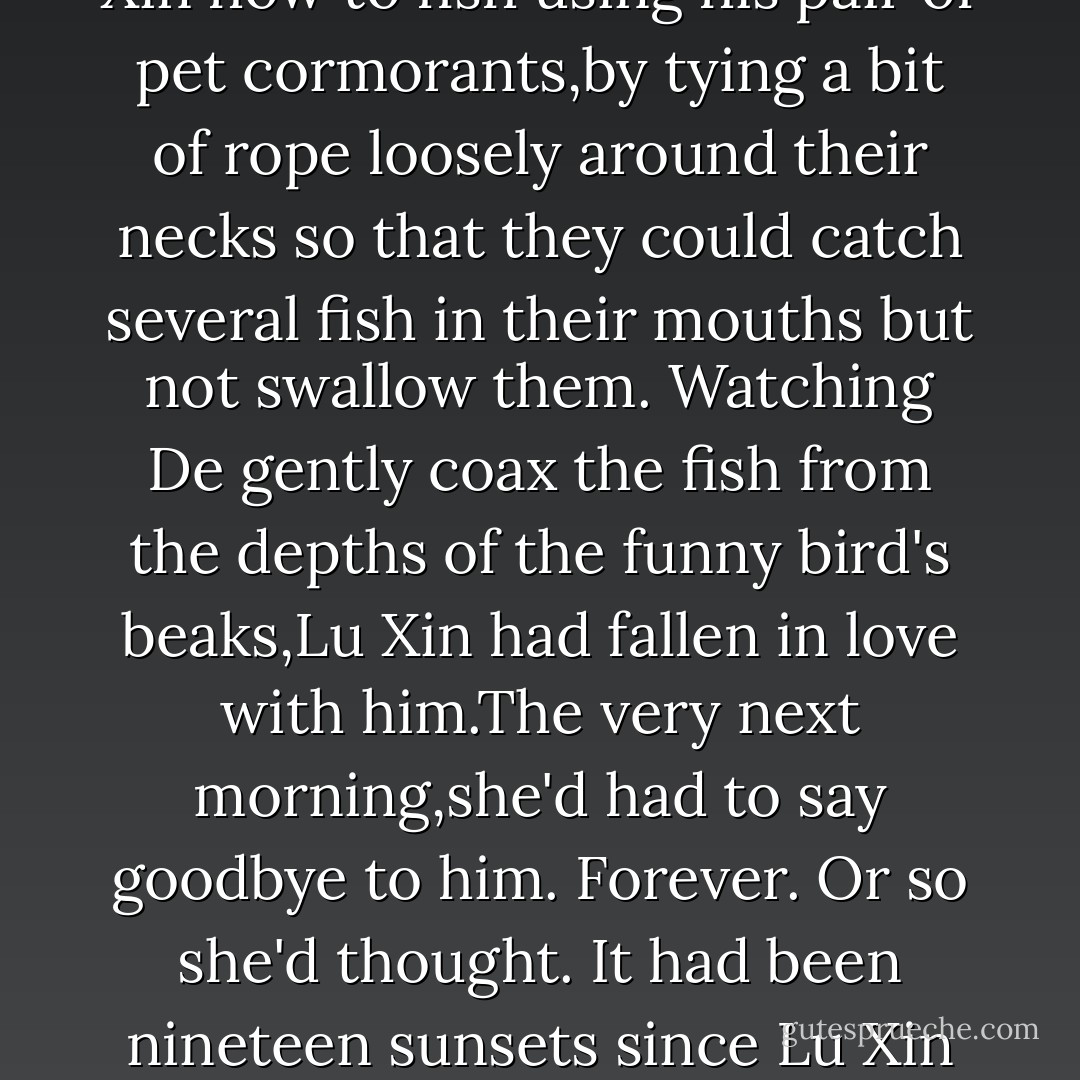 Until three weeks before,Lu Xin had lived on her family's millet farm on the banks of the Huan River. Passing through her river valley on his shining chariot one afternoon,the king had glimpsed Lu Xin tending the crops.He had decided that he fancied her. The next day,two militiamen had arrived at her door.She'd had to leave her family and her home. She'd had to leave De, the handsome young fisherman from the next village.<br />Before the king's summons, De had shown Lu Xin how to fish using his pair of pet cormorants,by tying a bit of rope loosely around their necks so that they could catch several fish in their mouths but not swallow them. Watching De gently coax the fish from the depths of the funny bird's beaks,Lu Xin had fallen in love with him.The very next morning,she'd had to say goodbye to him. Forever.<br />Or so she'd thought.<br />It had been nineteen sunsets since Lu Xin had seen De,seven sunsets since she'd received a scroll from home with bad news: De and some other boys from the neighboring farms had run away to join the rebel army, and no sooner had he left than the kind's men had ransacked the village,looking for the deserters.<br />With the king dead,the Shang men would show no mercy to Lu Xin,and she would never find De,never reunite with Daniel.<br />Unless the king's council didn't find out that their king was dead. - Lauren Kate