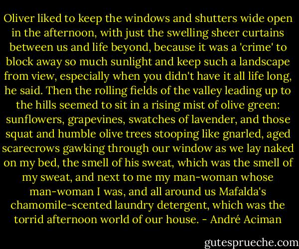 Oliver liked to keep the windows and shutters wide open in the afternoon, with just the swelling sheer curtains between us and life beyond, because it was a 'crime' to block away so much sunlight and keep such a landscape from view, especially when you didn't have it all life long, he said. Then the rolling fields of the valley leading up to the hills seemed to sit in a rising mist of olive green: sunflowers, grapevines, swatches of lavender, and those squat and humble olive trees stooping like gnarled, aged scarecrows gawking through our window as we lay naked on my bed, the smell of his sweat, which was the smell of my sweat, and next to me my man-woman whose man-woman I was, and all around us Mafalda's chamomile-scented laundry detergent, which was the torrid afternoon world of our house. - André Aciman