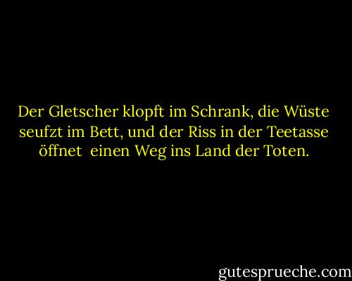 Der Gletscher klopft im Schrank,<br />die Wüste seufzt im Bett,<br />und der Riss in der Teetasse öffnet <br />einen Weg ins Land der Toten. - W.H. Auden<