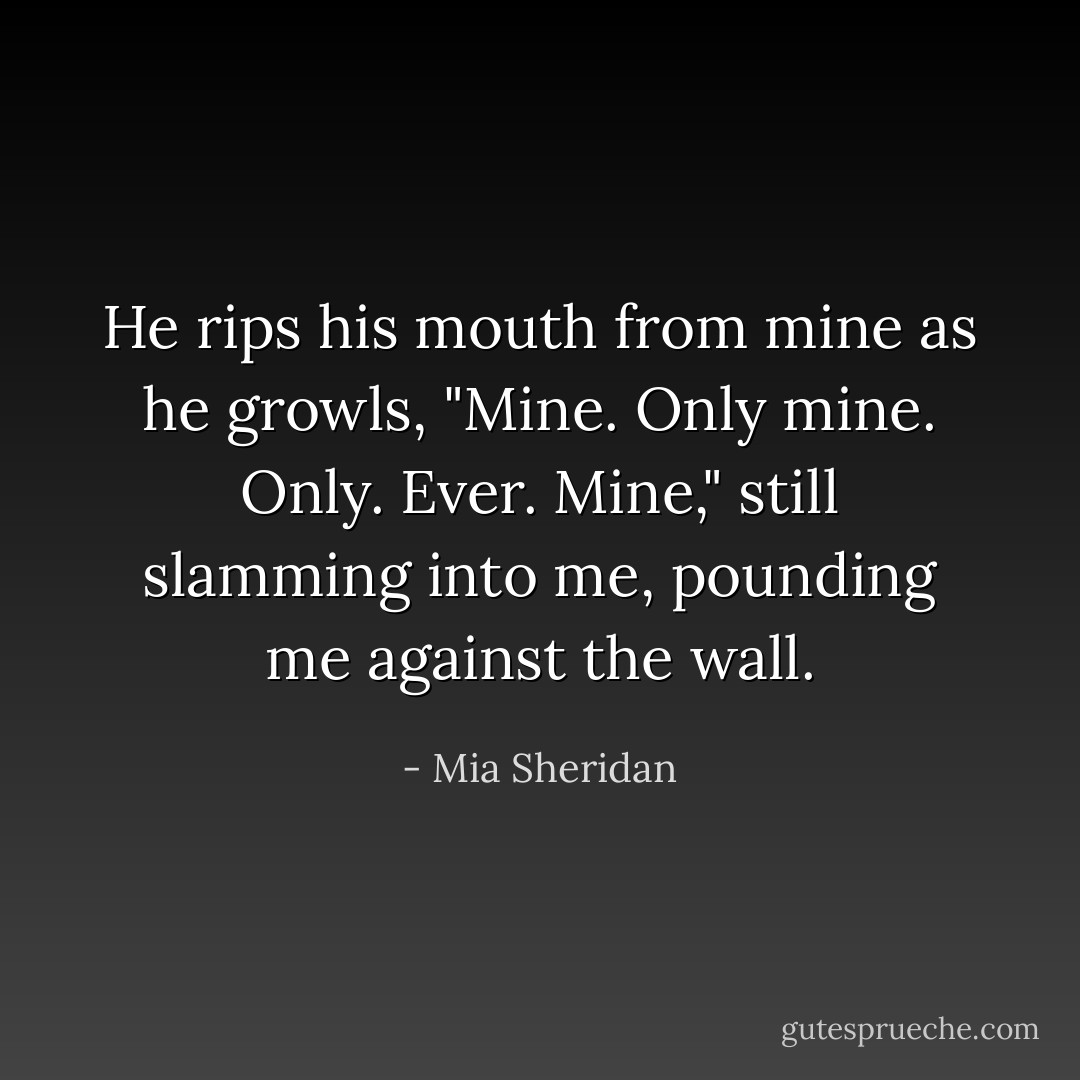 He rips his mouth from mine as he growls, "Mine. Only mine. Only. Ever. Mine," still slamming into me, pounding me against the wall. - Mia Sheridan