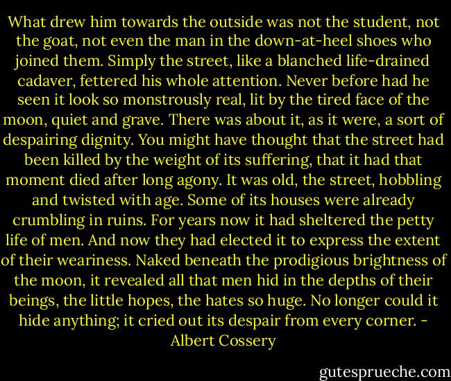 What drew him towards the outside was not the student, not the goat, not even the man in the down-at-heel shoes who joined them. Simply the street, like a blanched life-drained cadaver, fettered his whole attention. Never before had he seen it look so monstrously real, lit by the tired face of the moon, quiet and grave. There was about it, as it were, a sort of despairing dignity. You might have thought that the street had been killed by the weight of its suffering, that it had that moment died after long agony. It was old, the street, hobbling and twisted with age. Some of its houses were already crumbling in ruins. For years now it had sheltered the petty life of men. And now they had elected it to express the extent of their weariness. Naked beneath the prodigious brightness of the moon, it revealed all that men hid in the depths of their beings, the little hopes, the hates so huge. No longer could it hide anything; it cried out its despair from every corner. - Albert Cossery