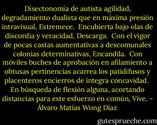 Disectonomía de autista agilidad,<br />degradamiento dualista que en máxima presión intravisual,<br />Estremece.<br /><br />Encubierta bajo olas de discordia y veracidad,<br />Descarga.<br /><br />Con el vigor de pocas castas aumentativas a descomunales colonias determinativas,<br />Encandila.<br /><br />Con móviles buches de aprobación<br />en afilamiento a obtusas pertinencias<br />acarrea los patidifusos y placenteros encierros de íntegra concavidad.<br /><br />En búsqueda de flexión alguna,<br />acortando distancias para este esfuerzo en común,<br />Vive. - Álvaro Matías Wong Díaz