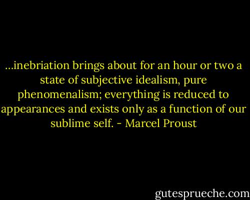 …inebriation brings about for an hour or two a state of subjective idealism, pure phenomenalism; everything is reduced to appearances and exists only as a function of our sublime self. - Marcel Proust