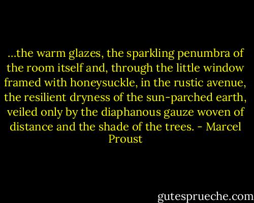 …the warm glazes, the sparkling penumbra of the room itself and, through the little window framed with honeysuckle, in the rustic avenue, the resilient dryness of the sun-parched earth, veiled only by the diaphanous gauze woven of distance and the shade of the trees. - Marcel Proust