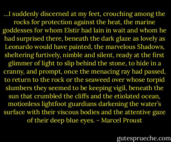 …I suddenly discerned at my feet, crouching among the rocks for protection against the heat, the marine goddesses for whom Elstir had lain in wait and whom he had surprised there, beneath the dark glaze as lovely as Leonardo would have painted, the marvelous Shadows, sheltering furtively, nimble and silent, ready at the first glimmer of light to slip behind the stone, to hide in a cranny, and prompt, once the menacing ray had passed, to return to the rock or the seaweed over whose torpid slumbers they seemed to be keeping vigil, beneath the sun that crumbled the cliffs and the etiolated ocean, motionless lightfoot guardians darkening the water’s surface with their viscous bodies and the attentive gaze of their deep blue eyes. - Marcel Proust