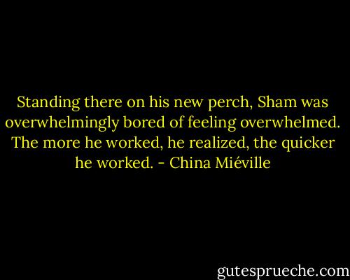 Standing there on his new perch, Sham was overwhelmingly bored of feeling overwhelmed. The more he worked, he realized, the quicker he worked. - China Miéville