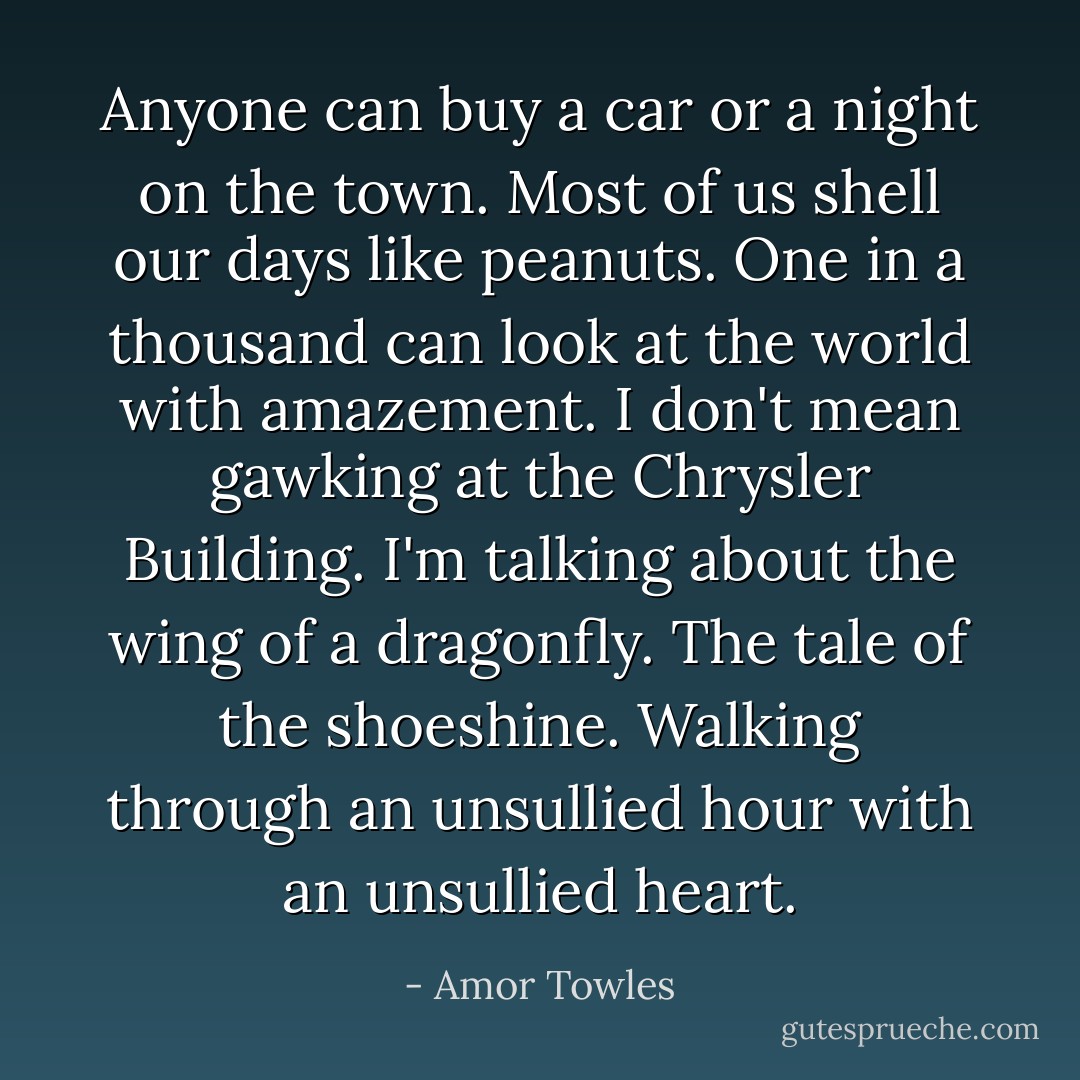 Anyone can buy a car or a night on the town. Most of us shell our days like peanuts. One in a thousand can look at the world with amazement. I don't mean gawking at the Chrysler Building. I'm talking about the wing of a dragonfly. The tale of the shoeshine. Walking through an unsullied hour with an unsullied heart. - Amor Towles
