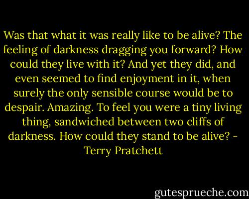 Was that what it was really like to be alive? The feeling of darkness dragging you forward?<br />How could they live with it? And yet they did, and even seemed to find enjoyment in it, when surely the only sensible course would be to despair. Amazing. To feel you were a tiny living thing, sandwiched between two cliffs of darkness. How could they stand to be alive? - Terry Pratchett