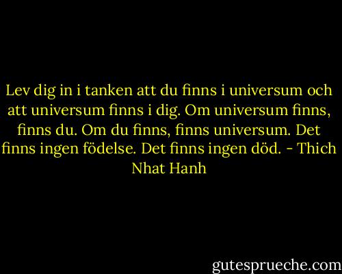 Lev dig in i tanken att du finns i universum och att universum finns i dig. Om universum finns, finns du. Om du finns, finns universum. Det finns ingen födelse. Det finns ingen död. - Thich Nhat Hanh