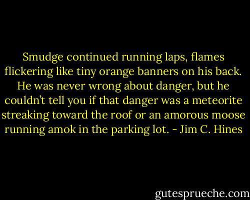 Smudge continued running laps, flames flickering like tiny orange banners on his back. He was never wrong about danger, but he couldn’t tell you if that danger was a meteorite streaking toward the roof or an amorous moose running amok in the parking lot. - Jim C. Hines